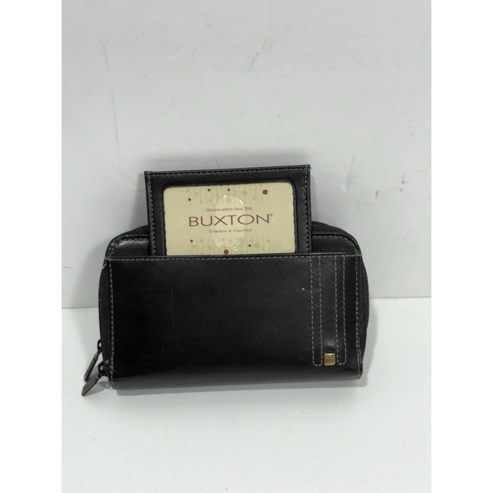 Buxton Black Leather Multicompartment Zip Clutch Card Wallet New No Tag‎